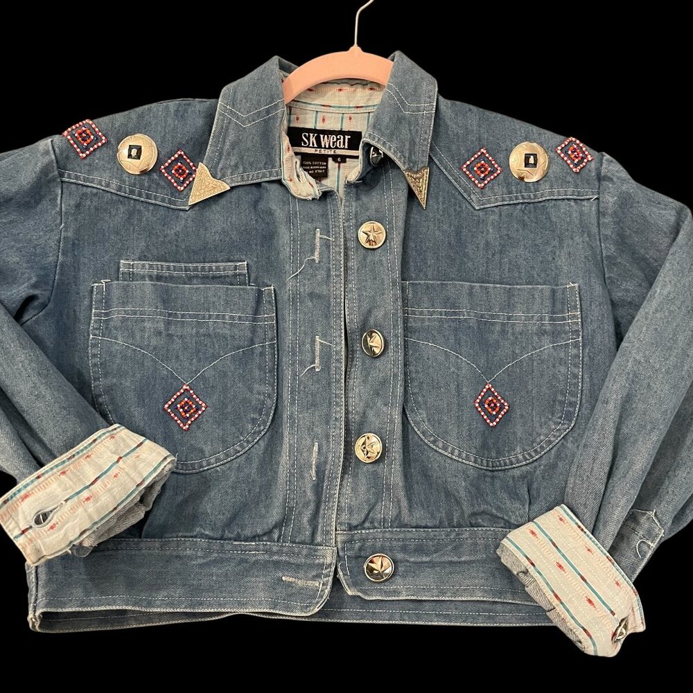 ✨ STUNNING Vintage SK Wear 1990s Southwestern Beaded Denim Jacket Ranch Size 6 ✨ - Picture 2 of 13